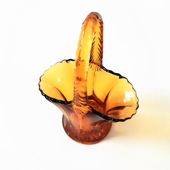 VTG Amber Depresion Glass Bridal Basket Vase Paneled Scalloped Edge 30s Art Deco - Picture 10 of 10